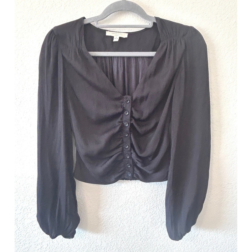 Grade & Gather Romantic‎ Goth Black V-Neck Ruched Button-Front Blouse - Size S